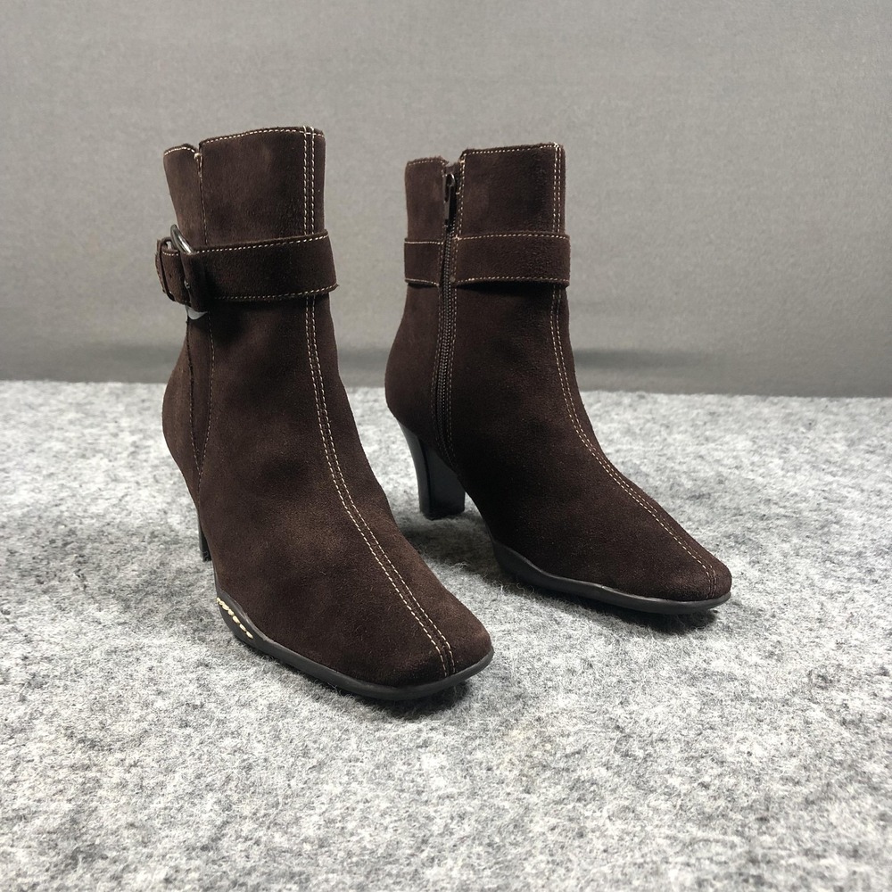 Aerosoles Cinchronize Ankle Booties Womens 6.5 Brown Suede Buckle Zip Heel